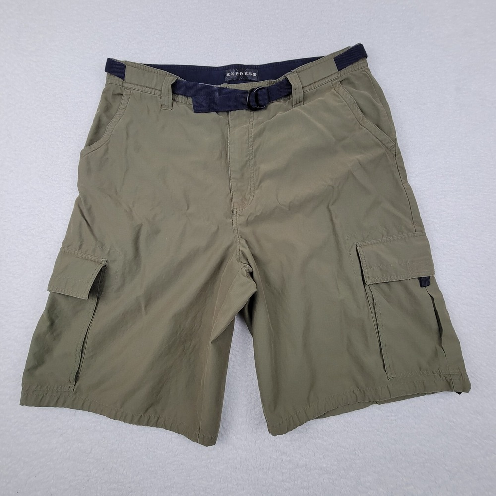 Vintage Express Cargo Shorts Mens‎ 38 Olive Army Green Cotton Nylon Blend Belted